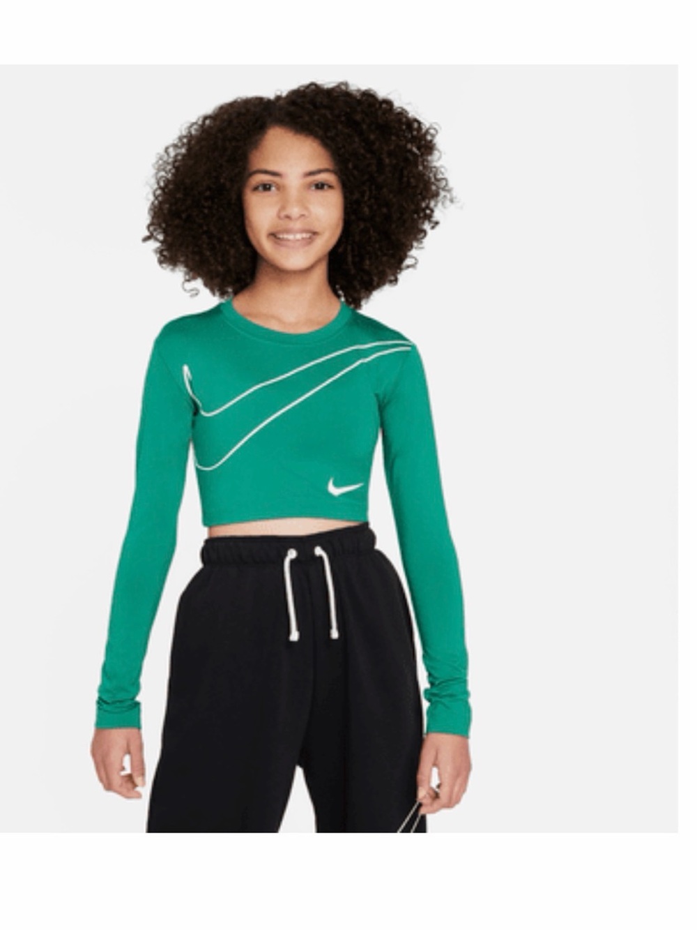 Nike Green Girls' Long-Sleeve Crop Top with White Swoosh